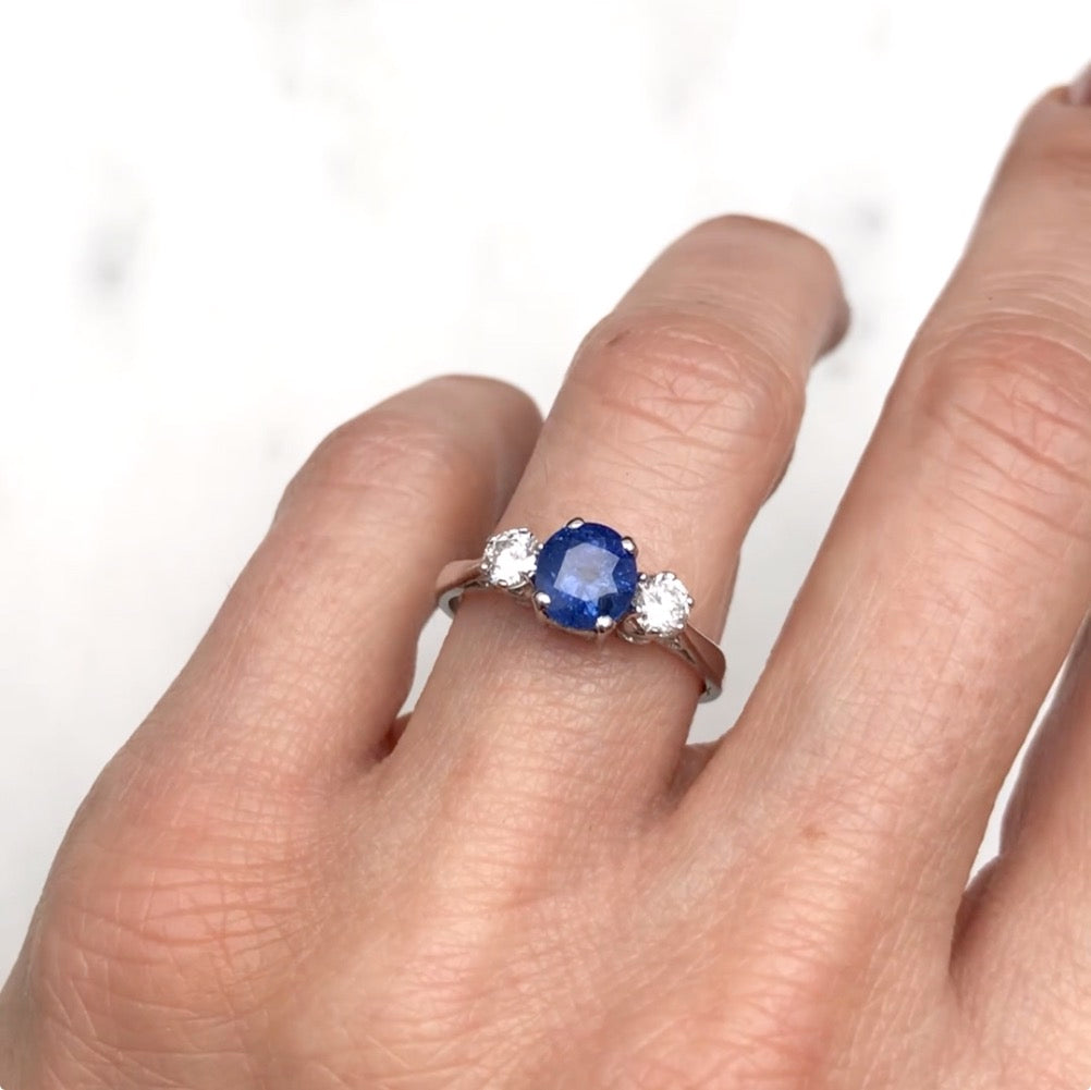 Nicole Vintage Three Stone Engagement Ring Sapphire and Diamond