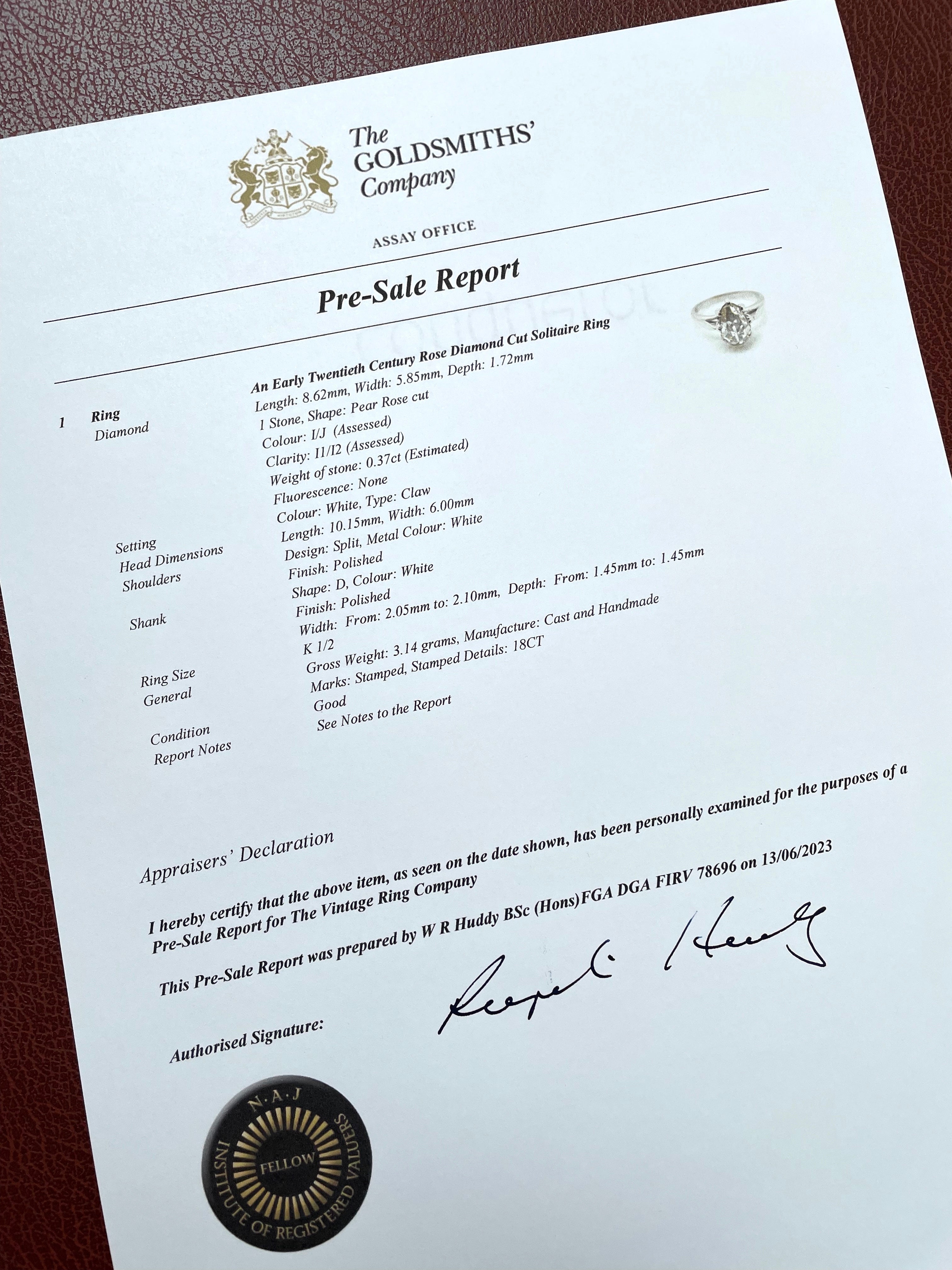 The Vintage Ring Co. Certificate of Authenticity