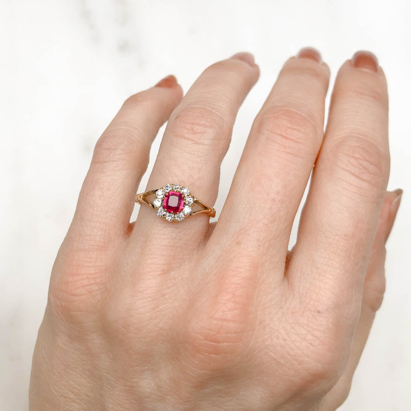 Esme Edwardian Ruby and Diamond Cluster Engagement Ring