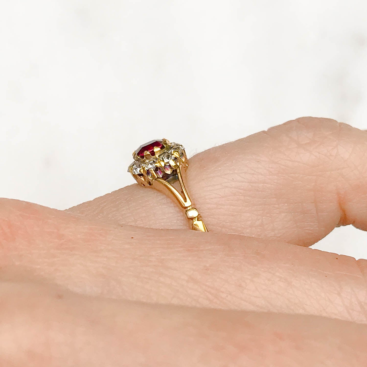 Esme Edwardian Ruby and Diamond Cluster Engagement Ring