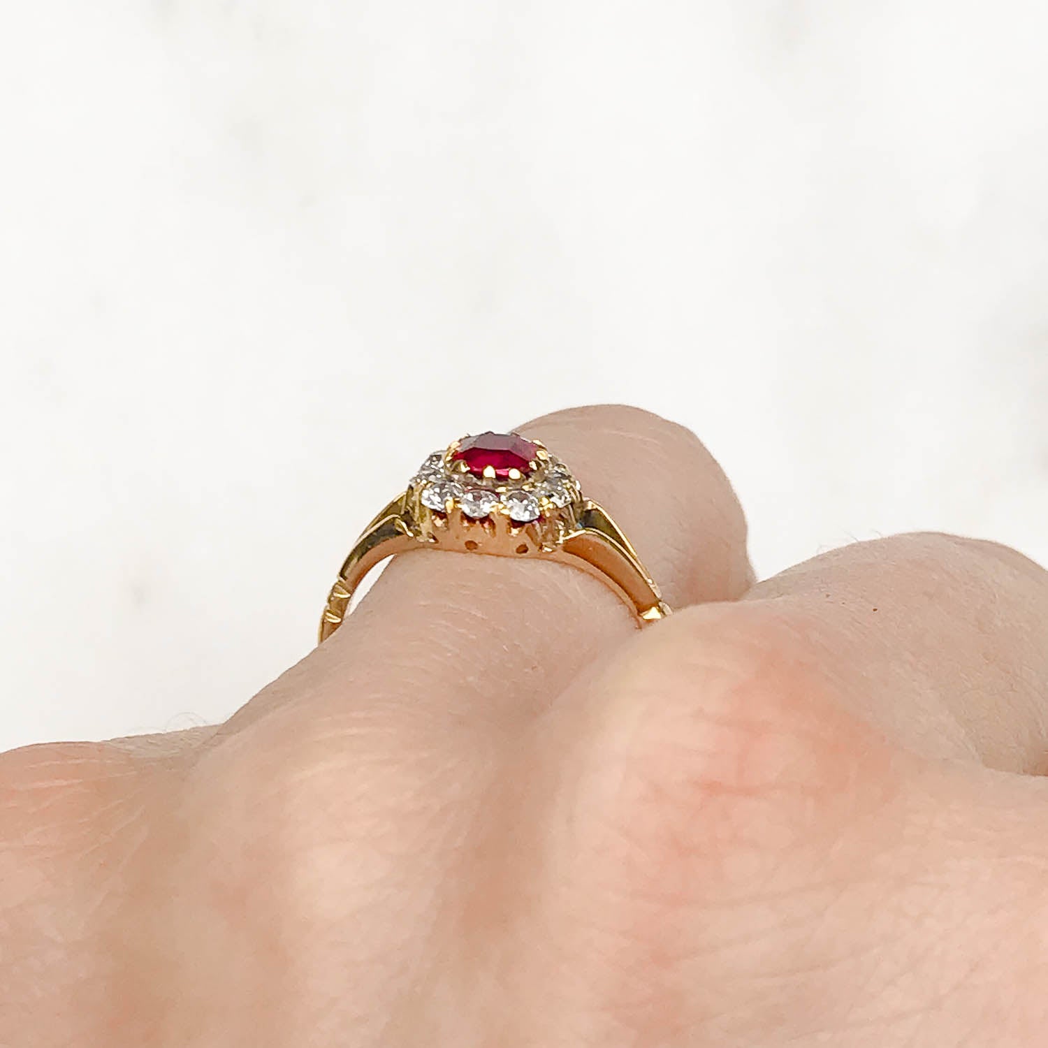 Esme Edwardian Ruby and Diamond Cluster Engagement Ring