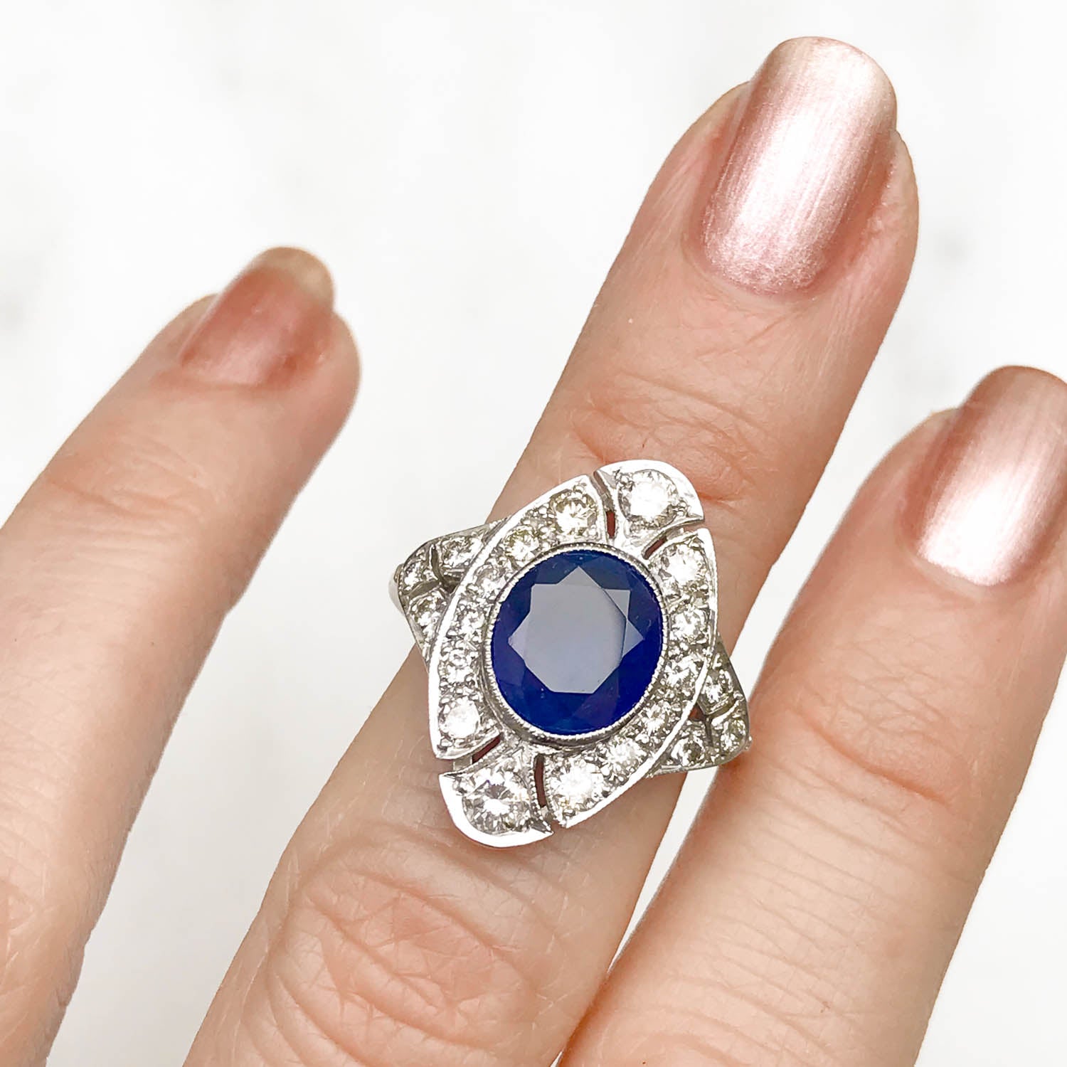 Emily Art Deco Sapphire & Diamond Cocktail Ring