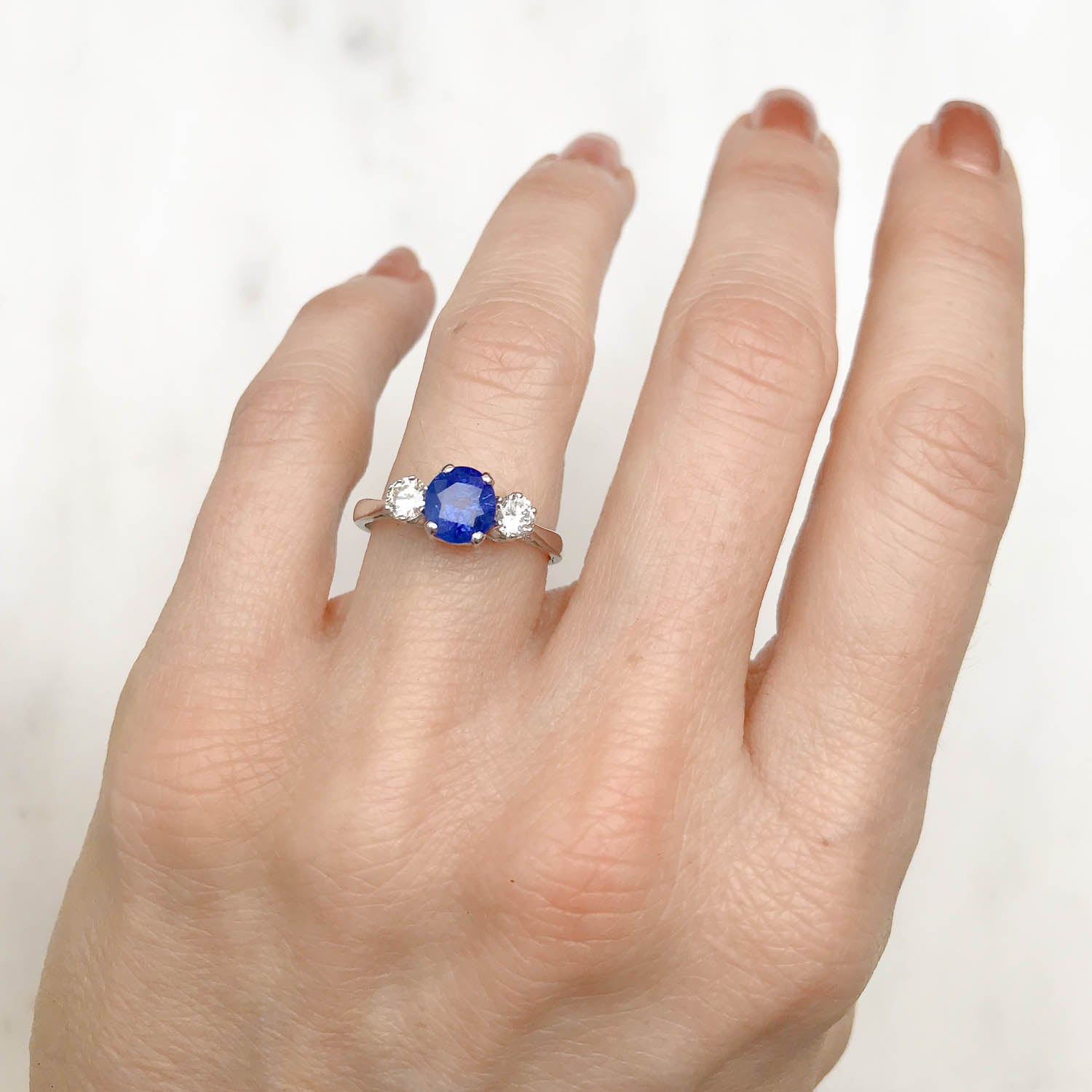 Nicole Vintage Three Stone Engagement Ring Sapphire and Diamond