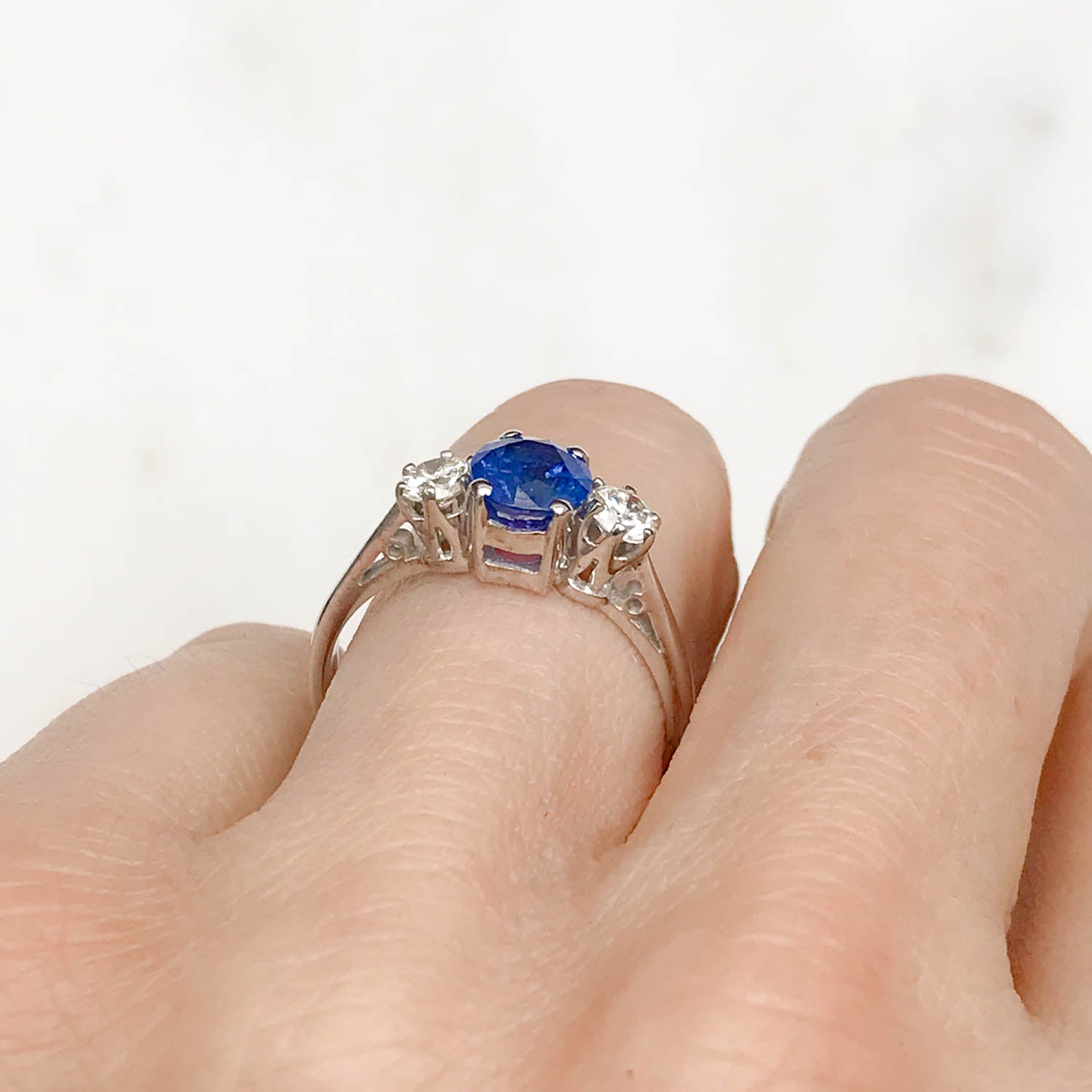 Nicole Vintage Three Stone Engagement Ring Sapphire and Diamond