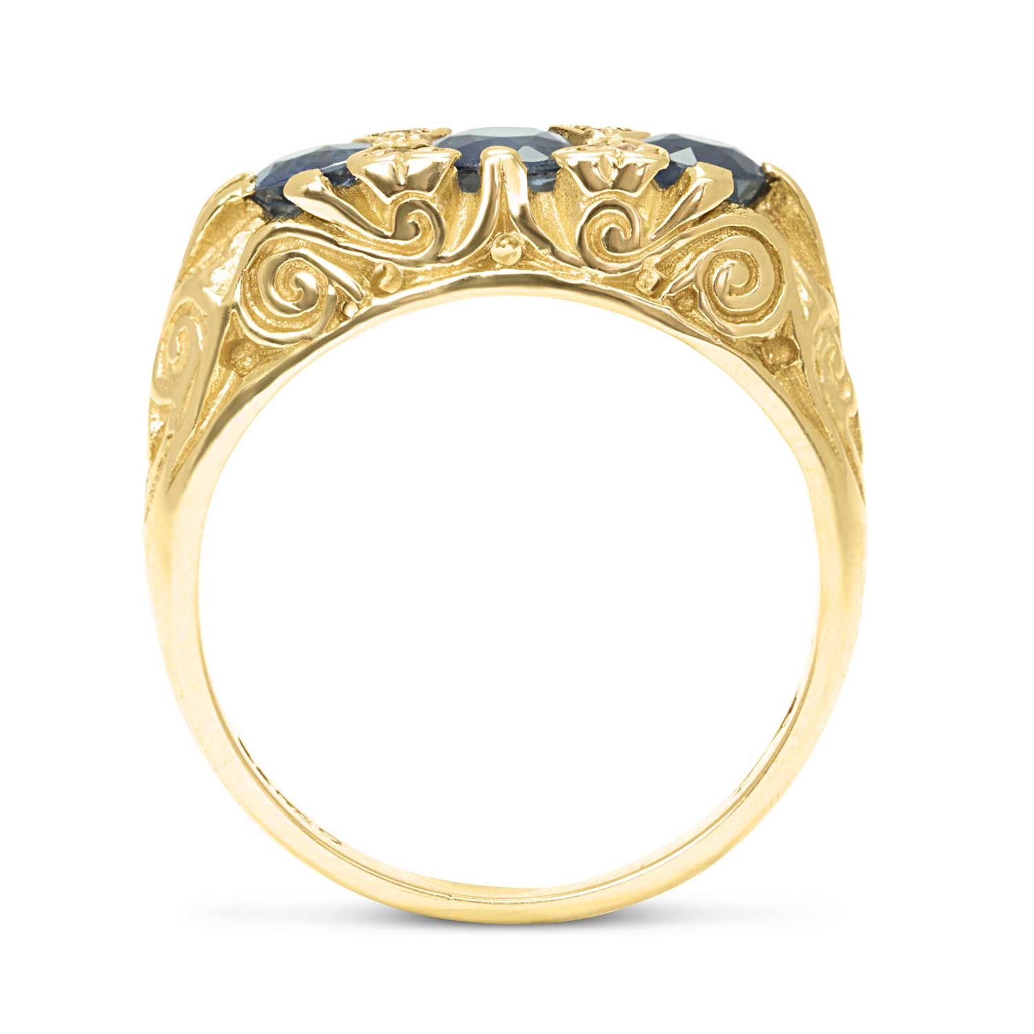 Ada vintage style three stone sapphire engagement ring side view