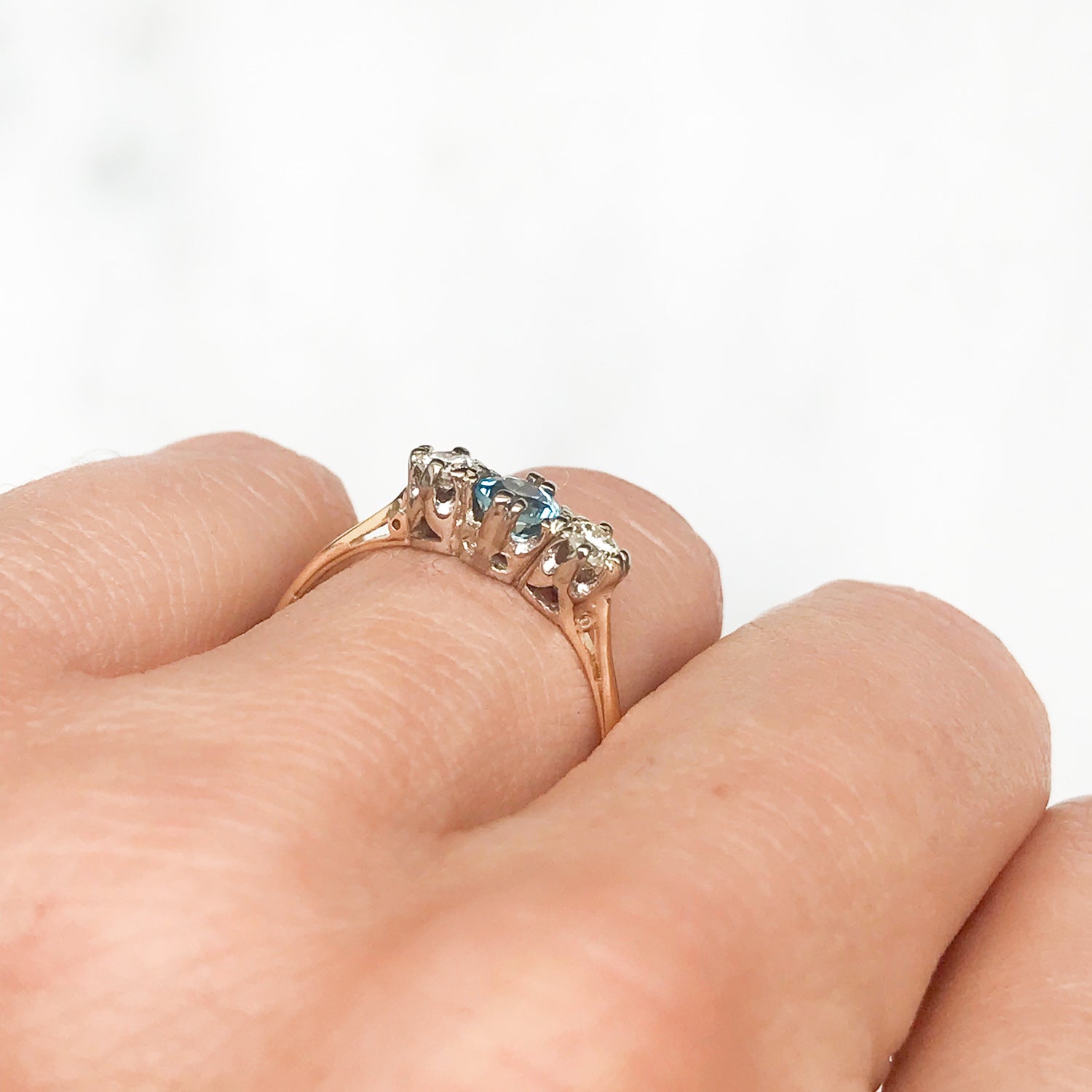 Arabel blue quartz and diamond three stone engagement ring