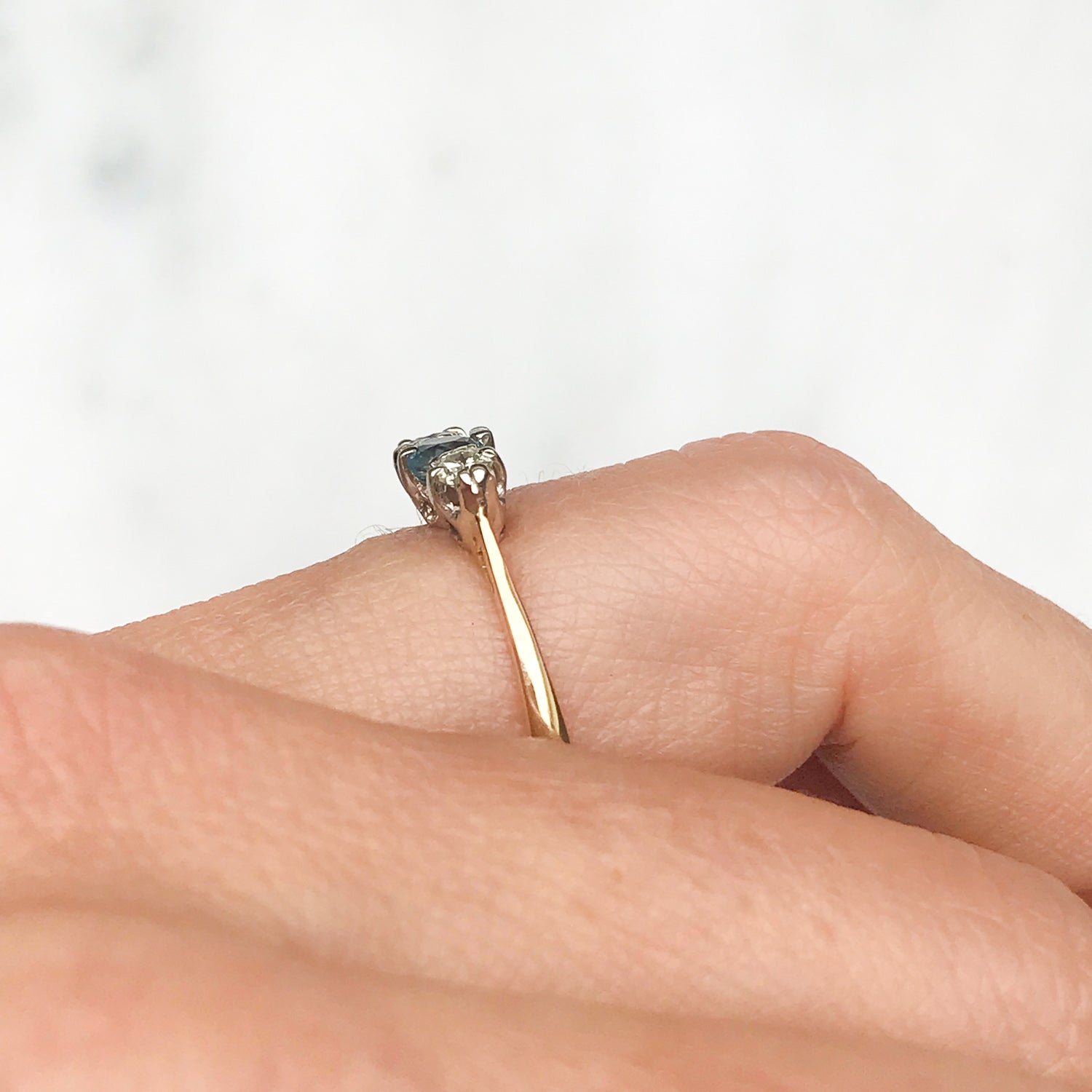 Arabel blue quartz and diamond three stone engagement ring