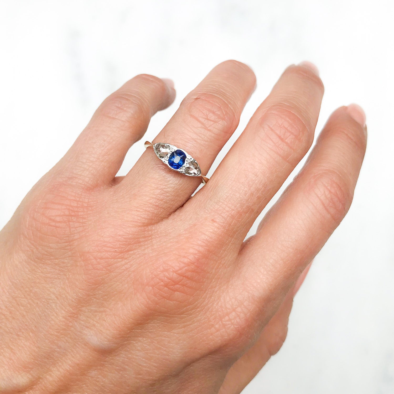 Bridget Antique Sapphire & Diamond Three Stone Engagement Ring