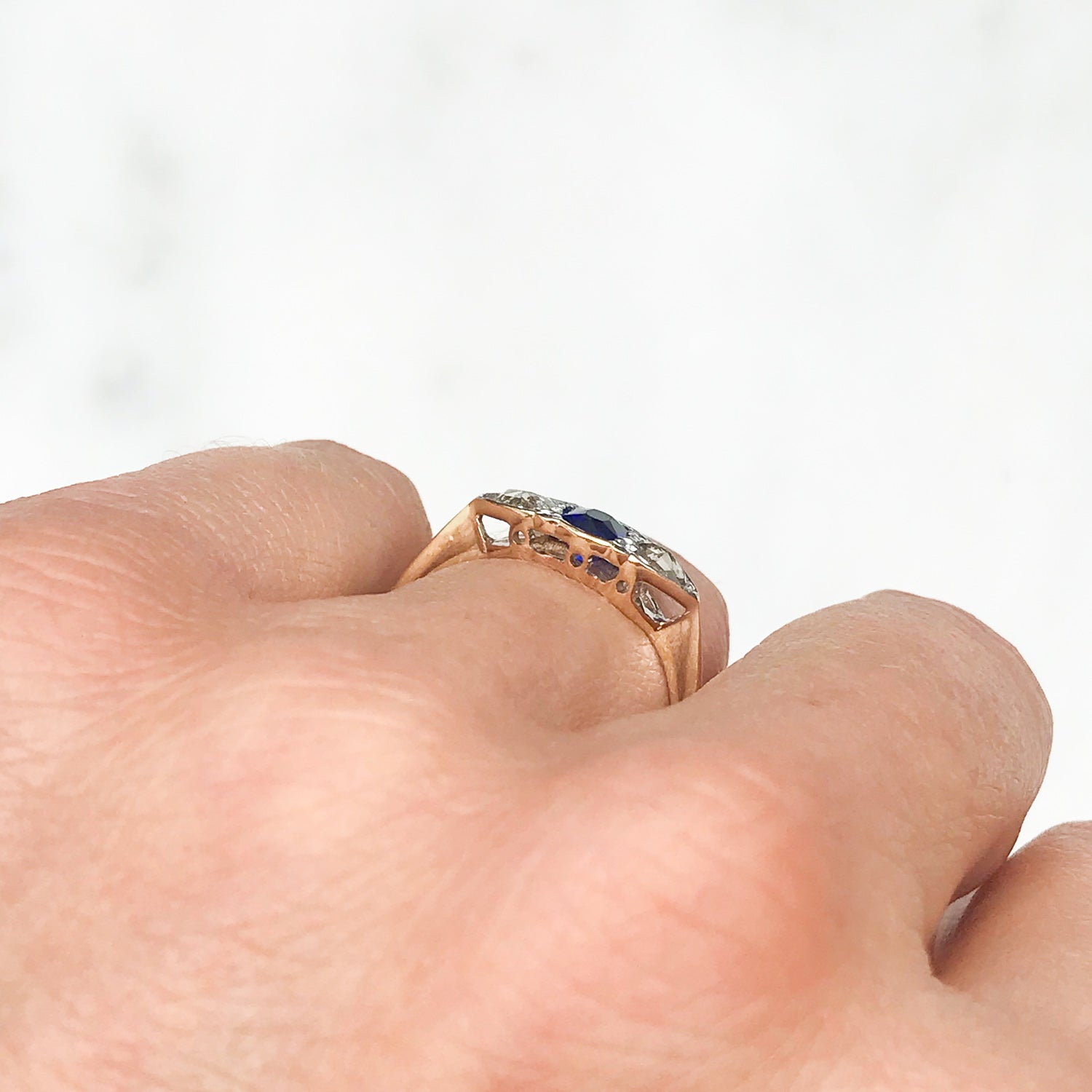 Bridget Antique Sapphire & Diamond Three Stone Engagement Ring