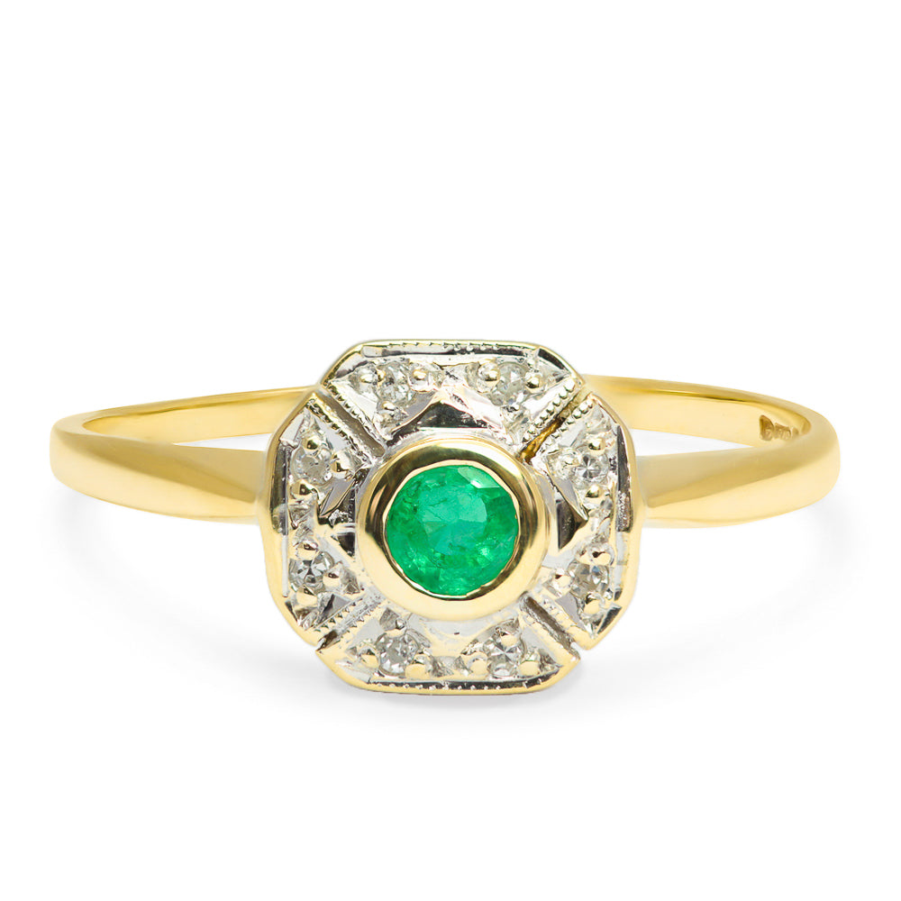 Celeste emerald and diamond cluster engagement ring