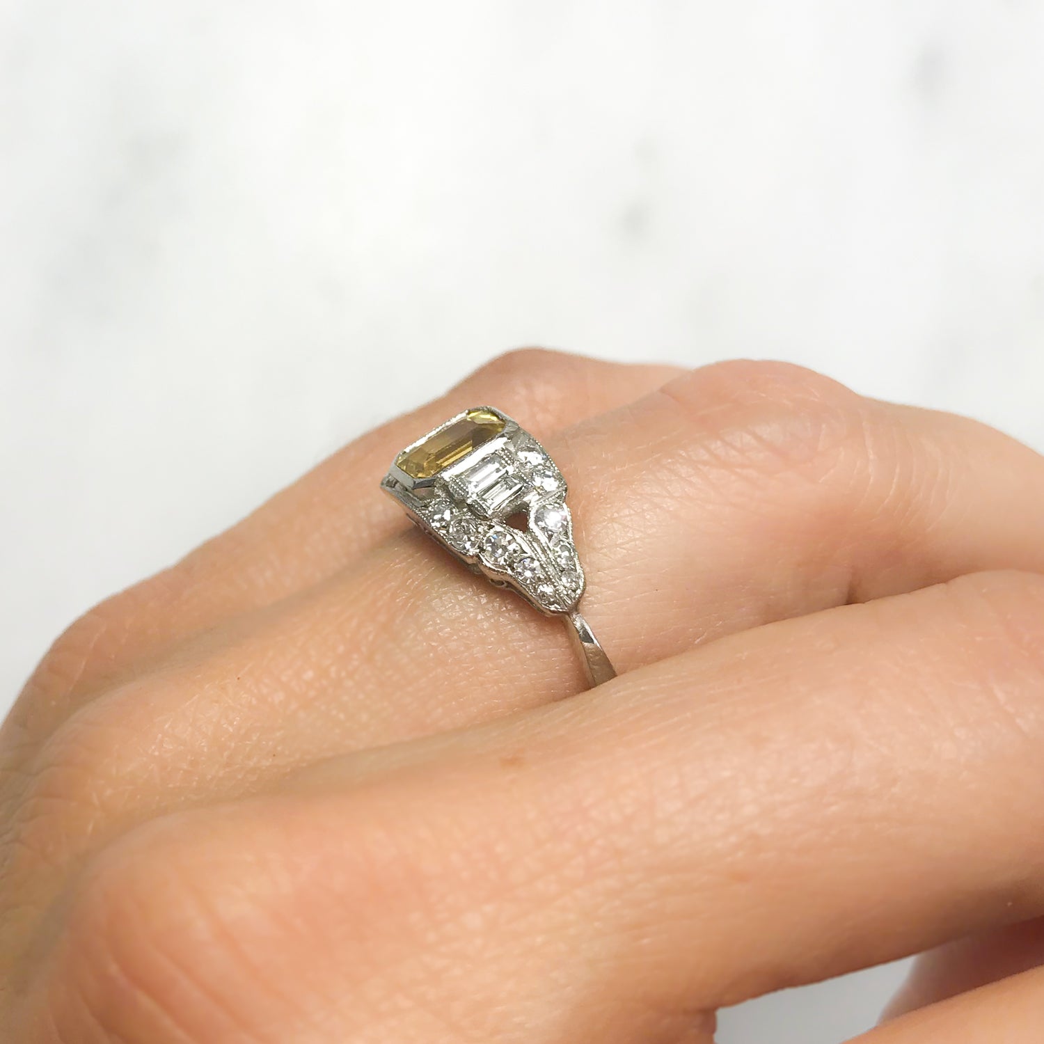 Coco Art Deco style yellow sapphire and diamond ring