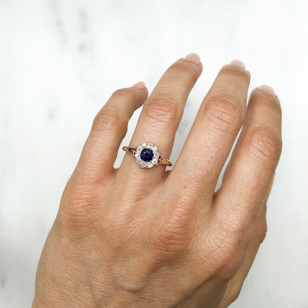 Flora antique Victorian sapphire and diamond cluster engagement ring