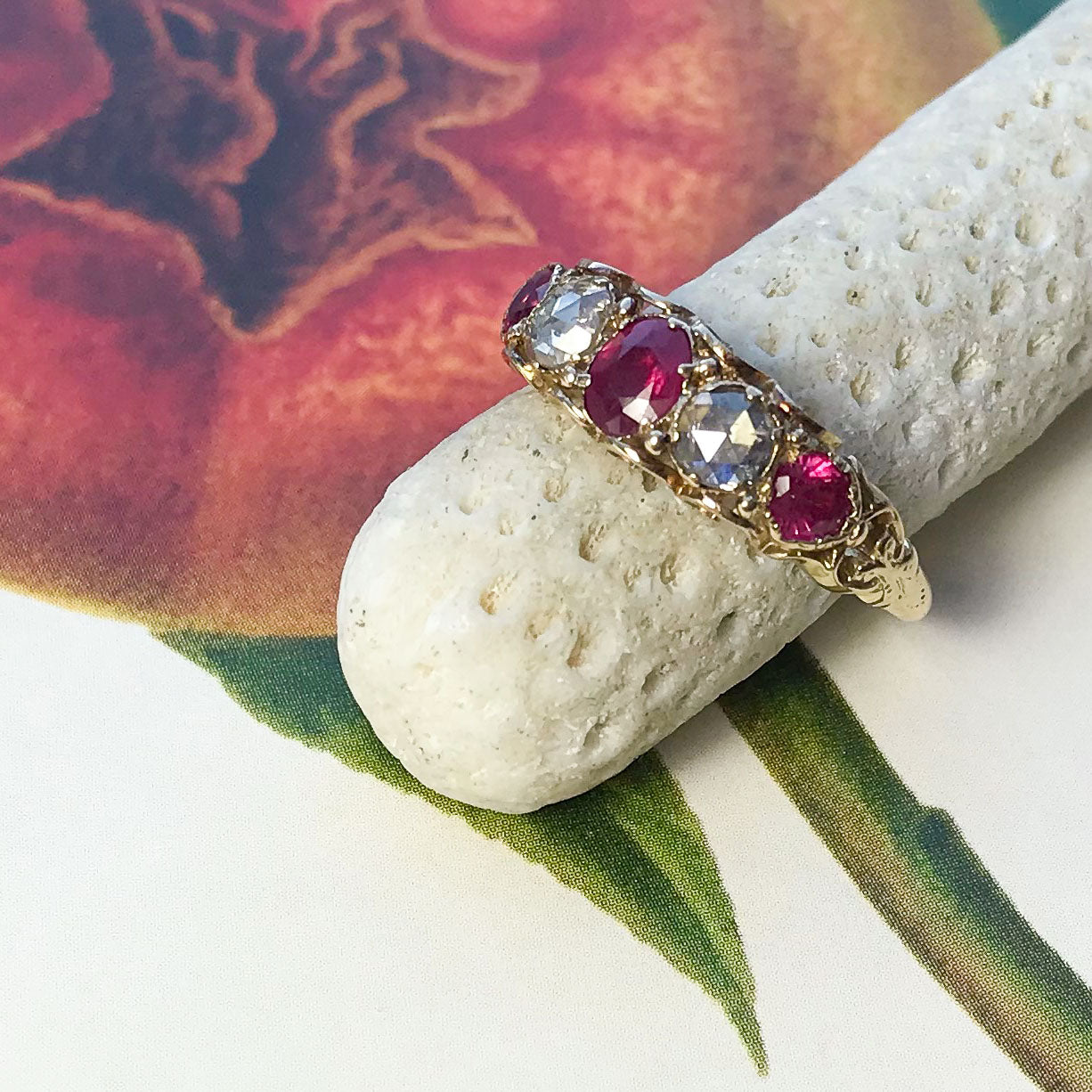 Sophia early 20th century antique ruby and diamond five stone engagement ring