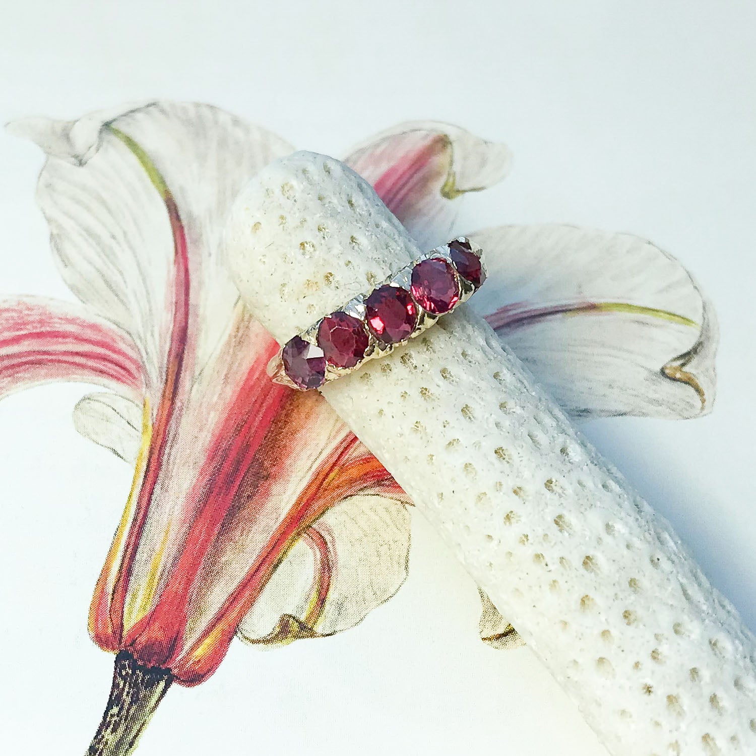 Scarlett antique Victorian five stone ruby engagement ring