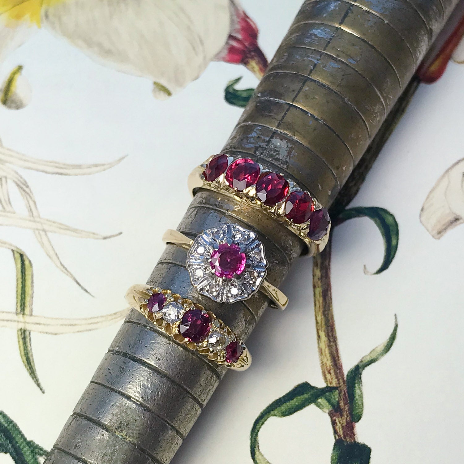 Lola antique Edwardian five stone ruby & diamond engagement ring