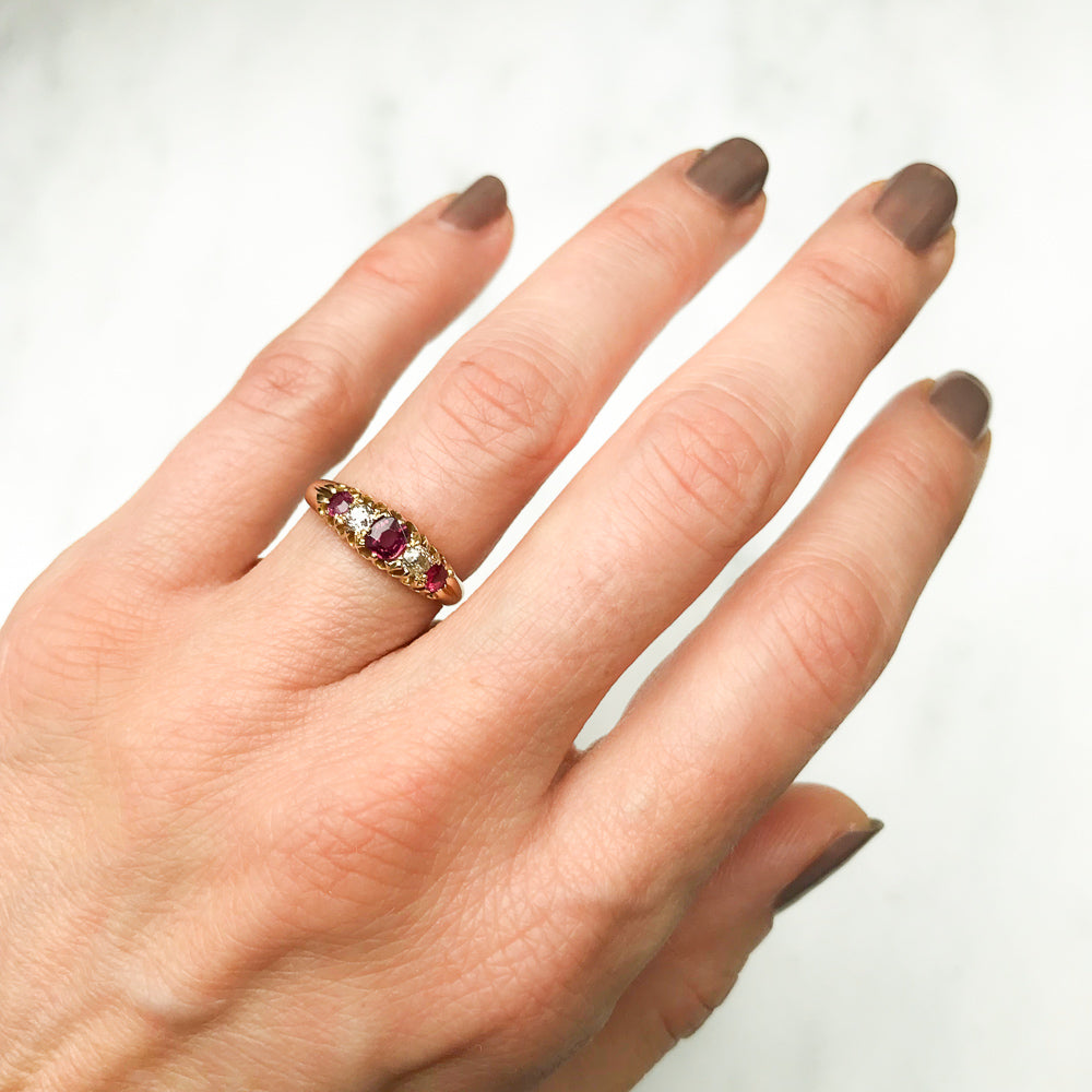 Lola antique Edwardian five stone ruby & diamond engagement ring