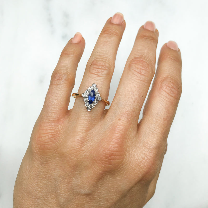 Lucinda vintage mid-century marquise cut sapphire and diamond ring