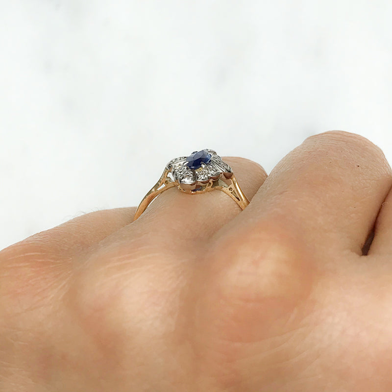 Lucinda vintage mid-century marquise cut sapphire and diamond ring