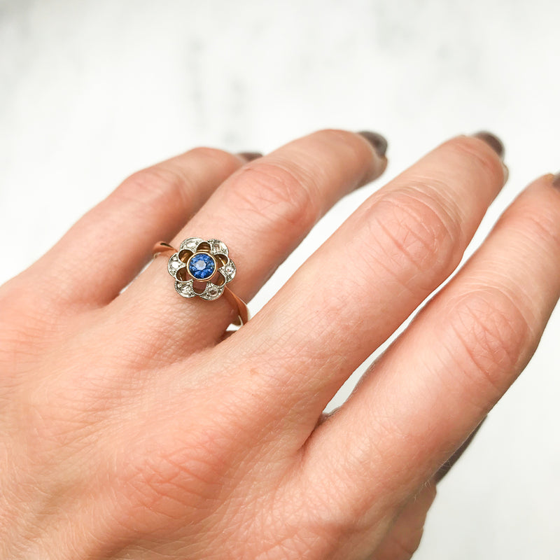 Marguerite antique sapphire and diamond floral cluster ring