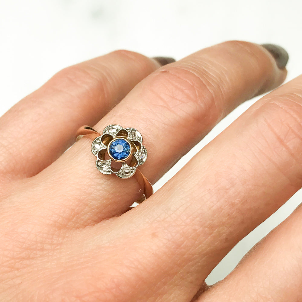 Marguerite antique sapphire and diamond floral cluster ring