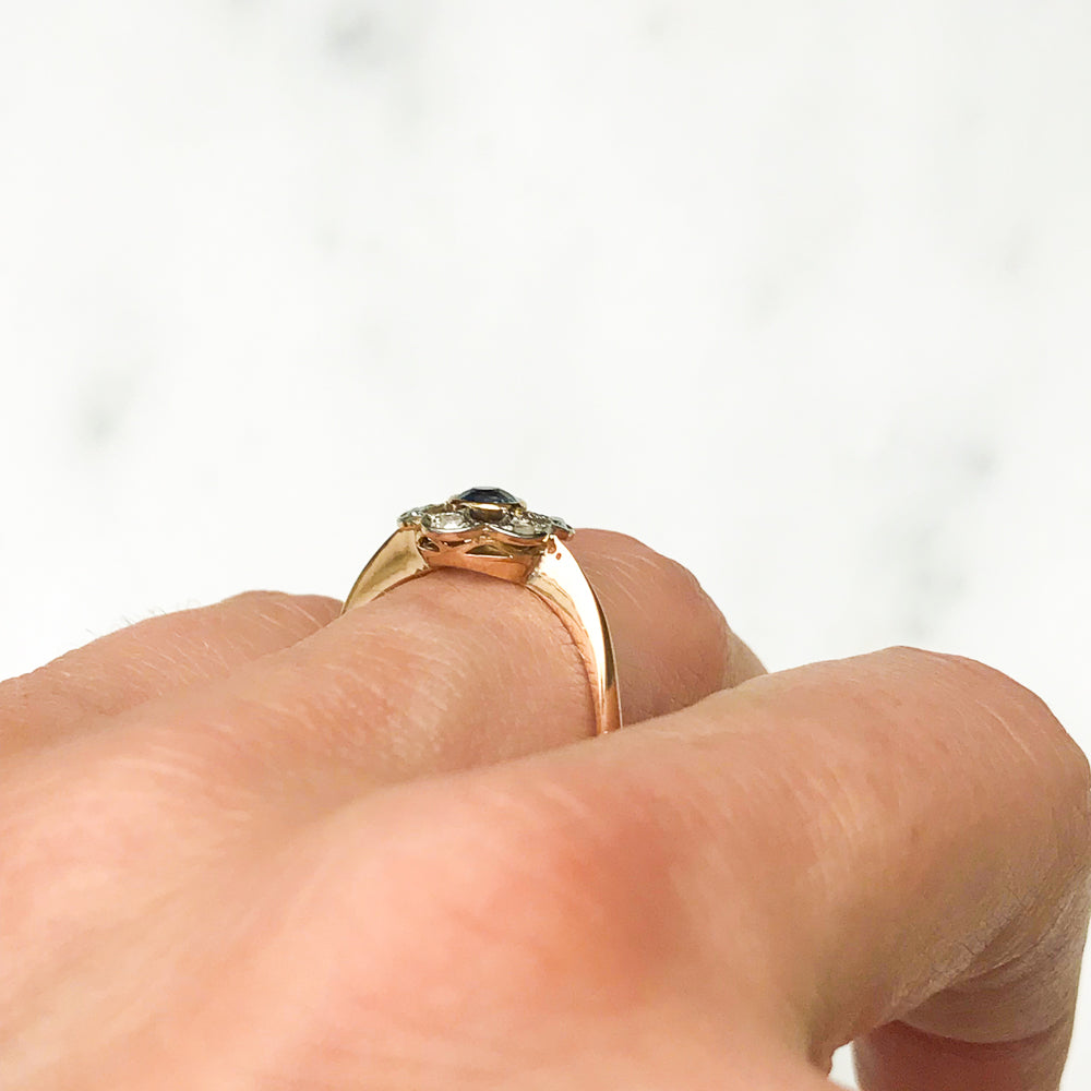 Marguerite antique sapphire and diamond floral cluster ring