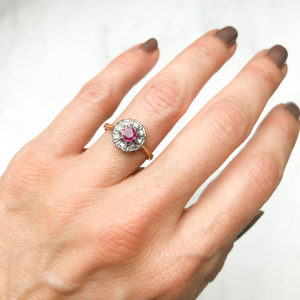 Martha antique ruby & diamond cluster engagement ring