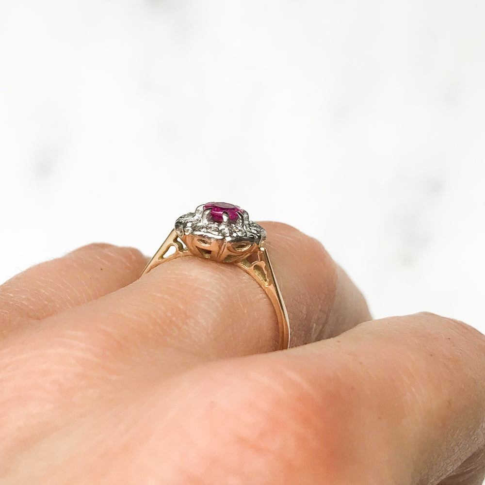 Martha antique ruby & diamond cluster engagement ring