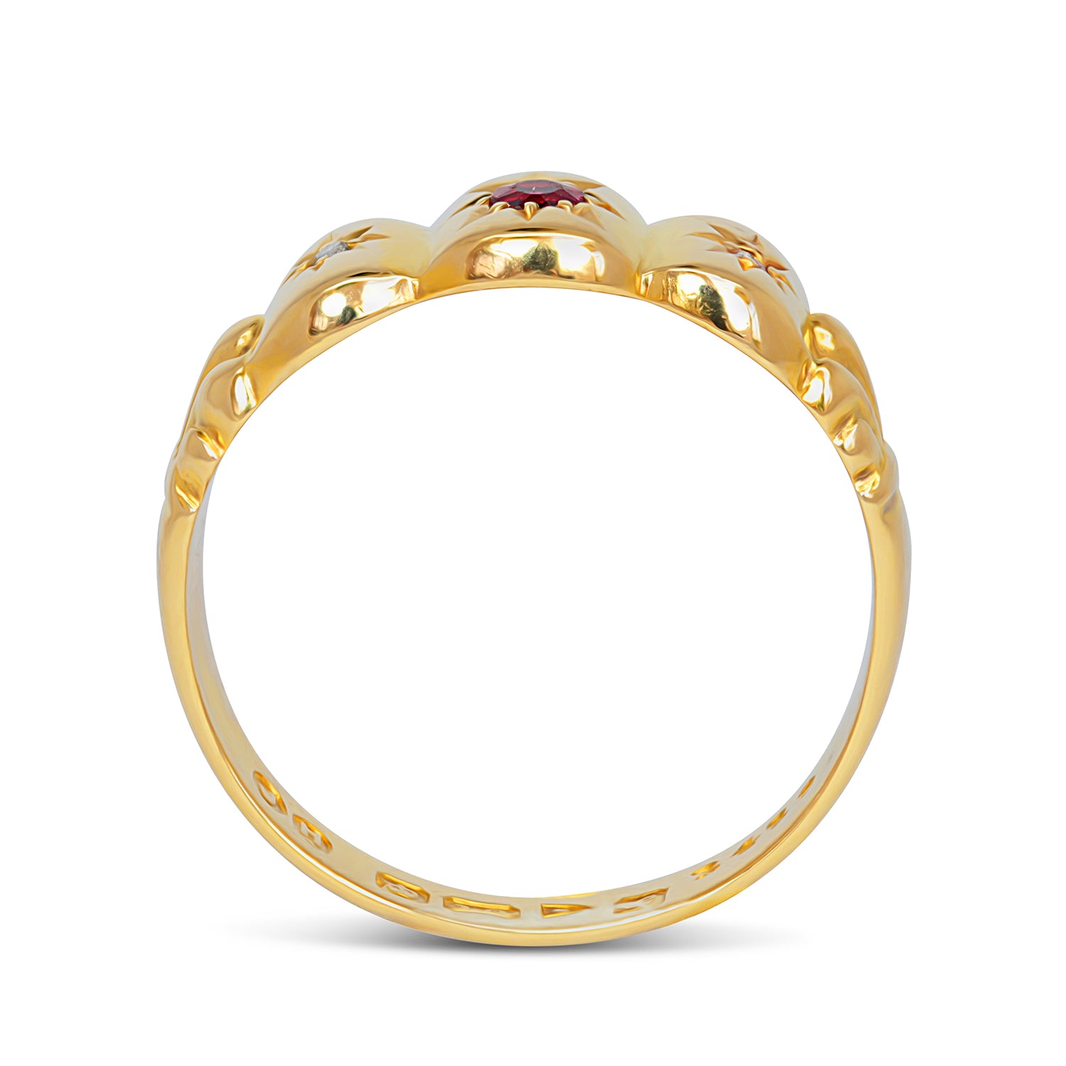 Peggy ruby and diamond Edwardian three stone ring