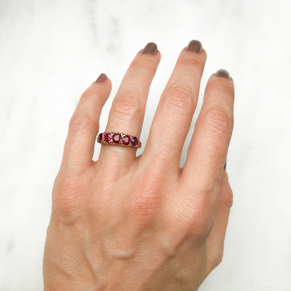 Scarlett antique Victorian five stone ruby engagement ring