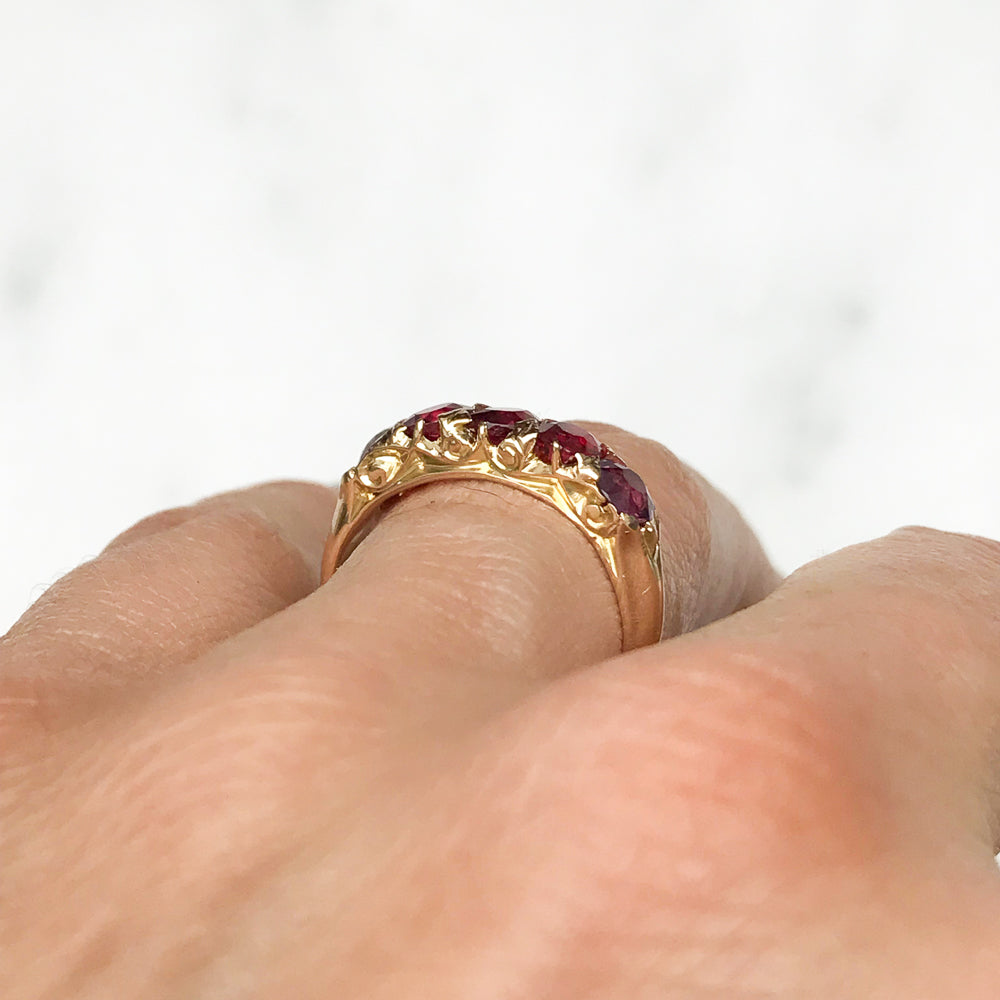 Scarlett antique Victorian five stone ruby engagement ring