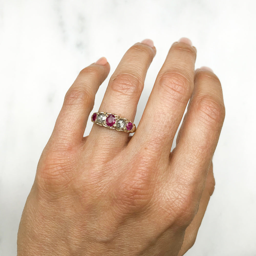 Sophia early 20th century antique ruby and diamond five stone engagement ring
