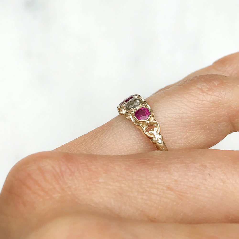 Sophia early 20th century antique ruby and diamond five stone engagement ring