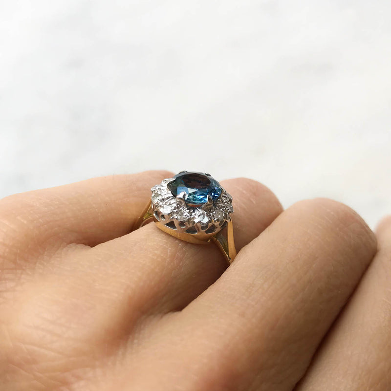 Josephine vintage style sapphire and diamond engagement ring on hand