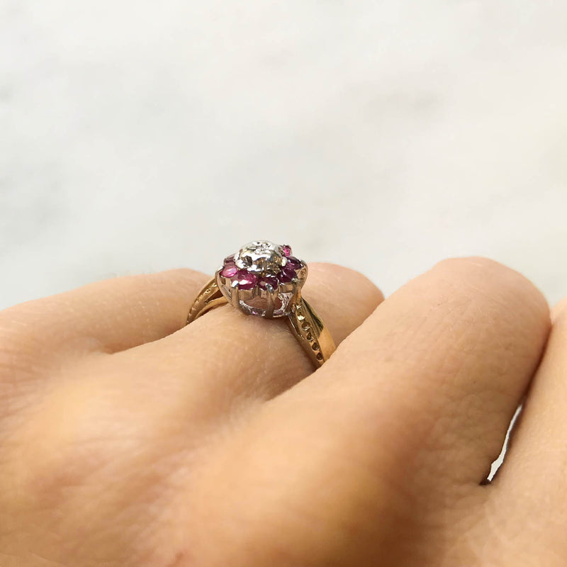 Audrey vintage style ruby and diamond cluster ring