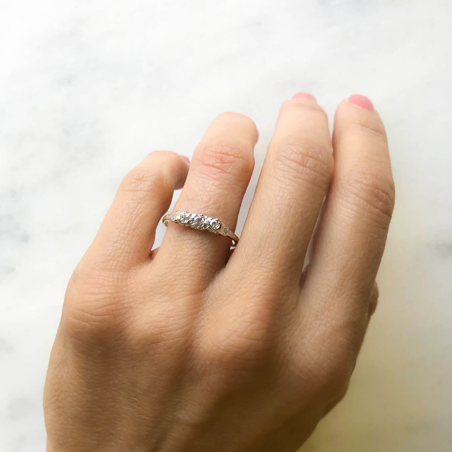 Dorothy three stone diamond mid-century engagement ring