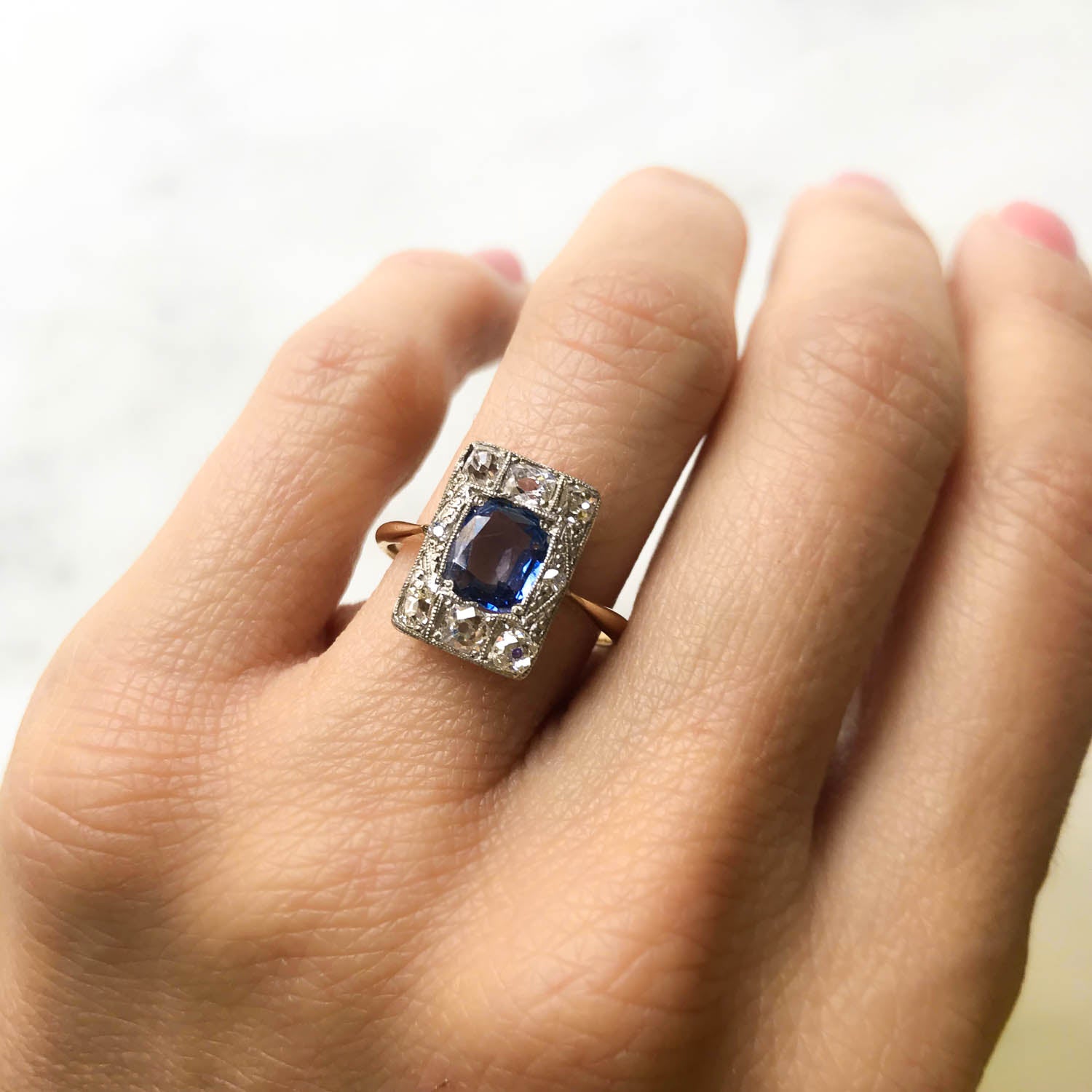 Edie sapphire and diamond Edwardian engagement ring
