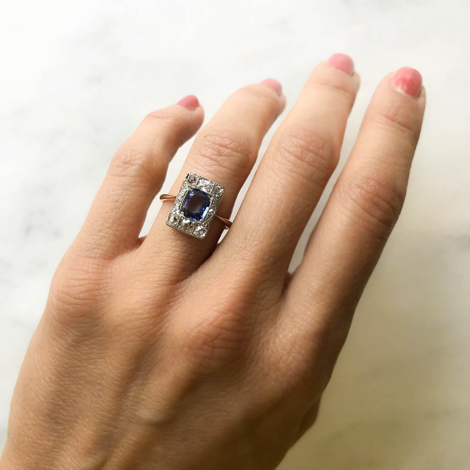 Edie sapphire and diamond Edwardian engagement ring