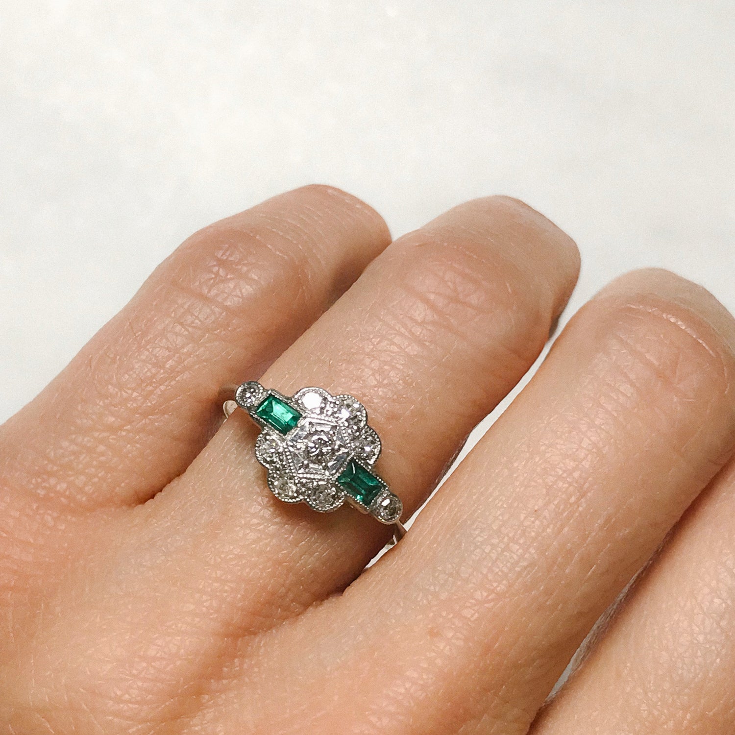 Etta emerald and diamond Art Deco engagement ring