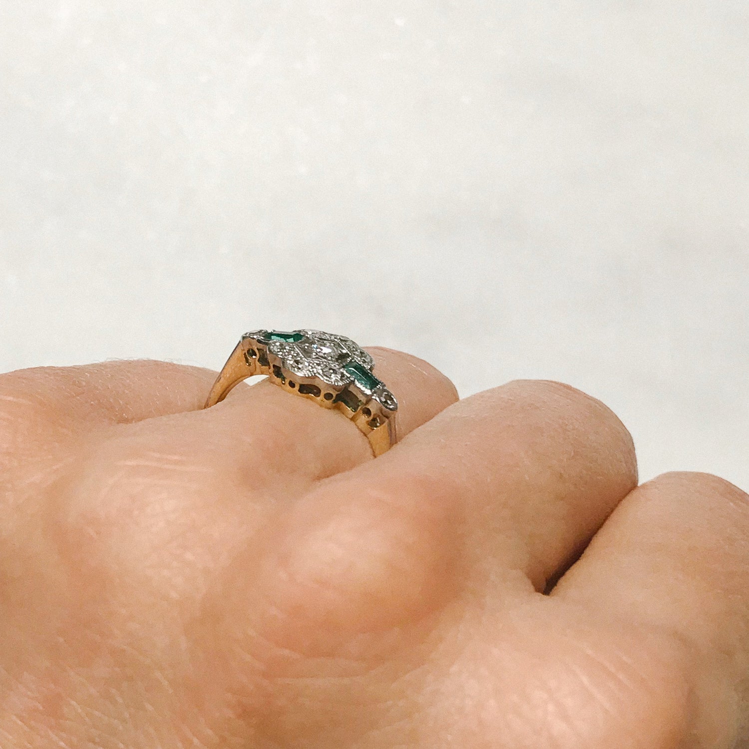 Etta emerald and diamond Art Deco engagement ring