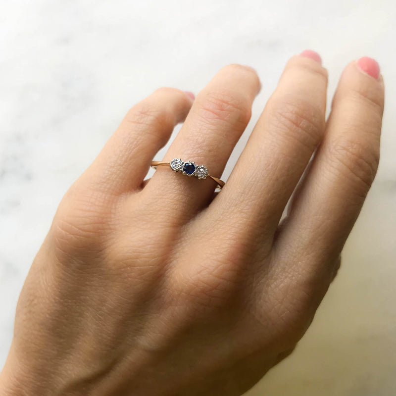 Stella three stone sapphire and diamond mid-century engagement ring