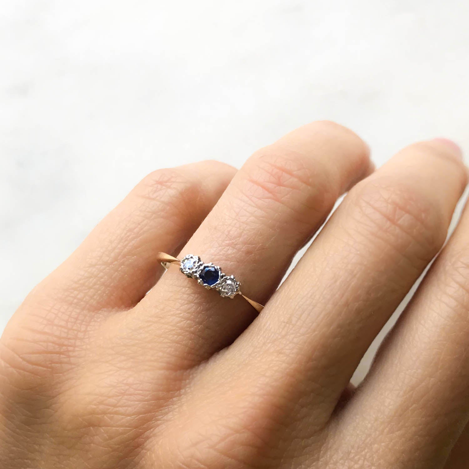 Stella three stone sapphire and diamond mid-century engagement ring