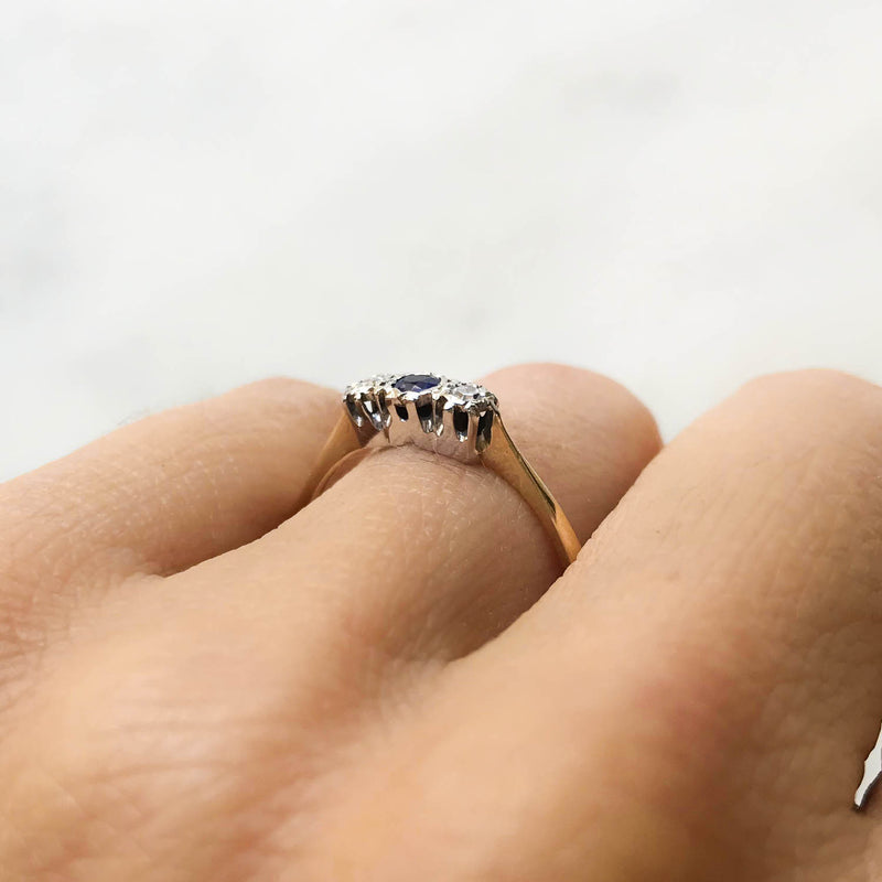 Stella three stone sapphire and diamond mid-century engagement ring