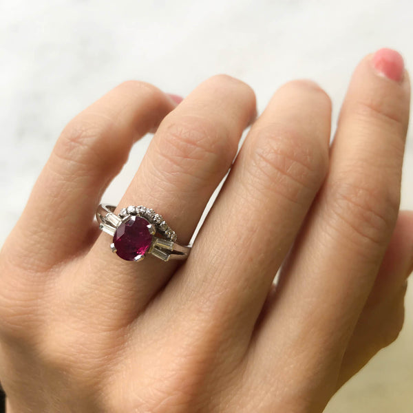 Tabitha vintage style ruby and diamond engagement ring