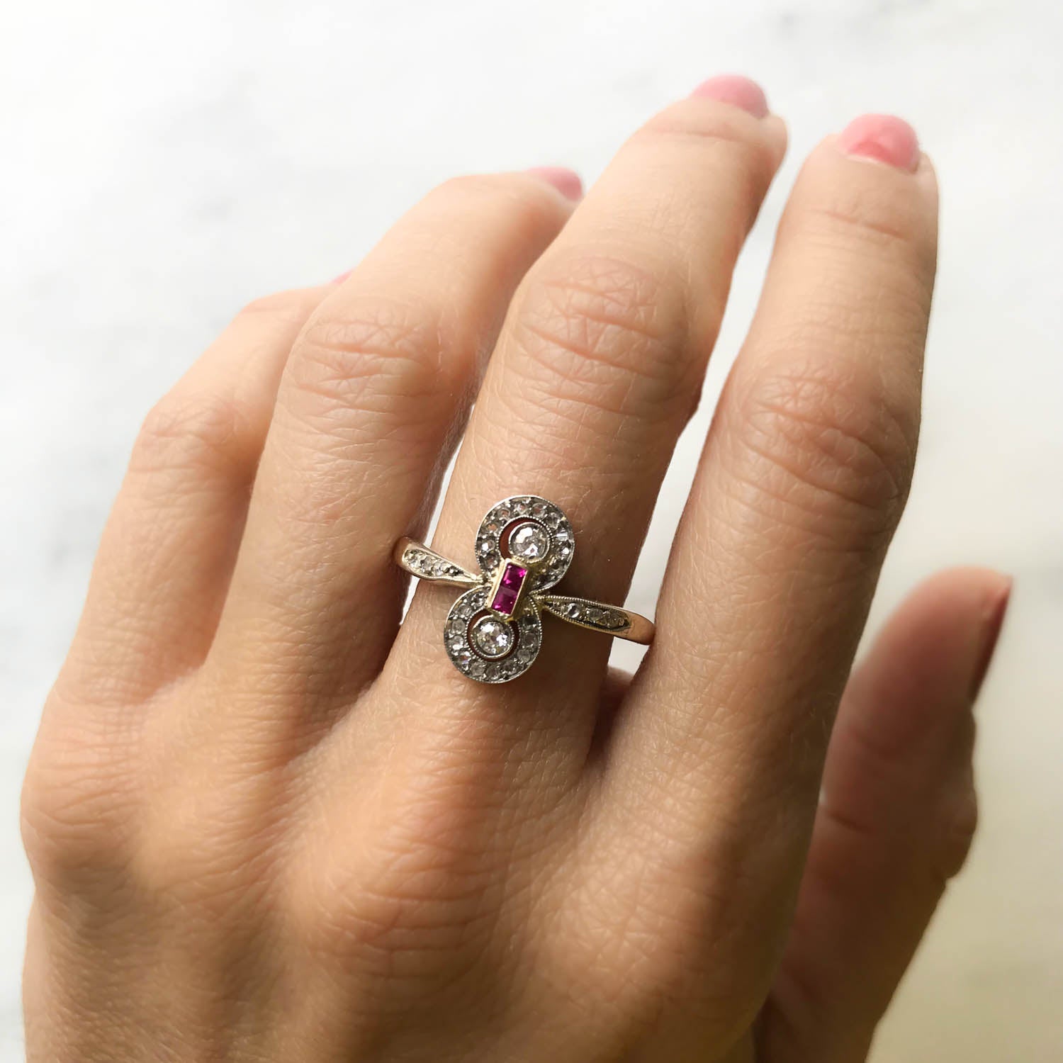 Violette ruby and diamond Edwardian engagement ring