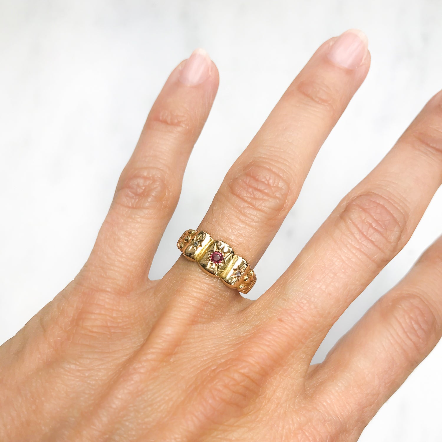 Peggy ruby and diamond Edwardian three stone ring