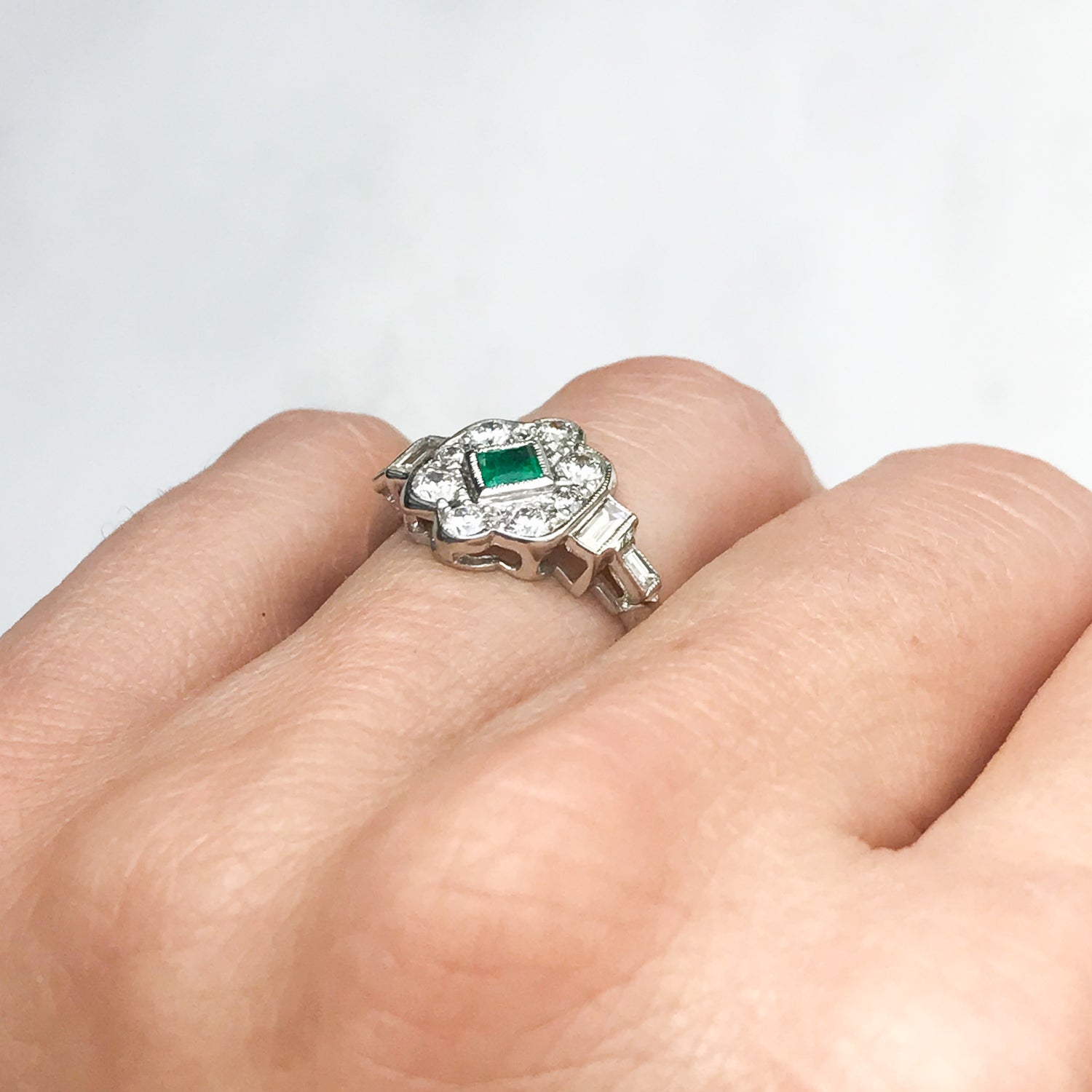 Darcy vintage emerald & diamond cluster engagement ring