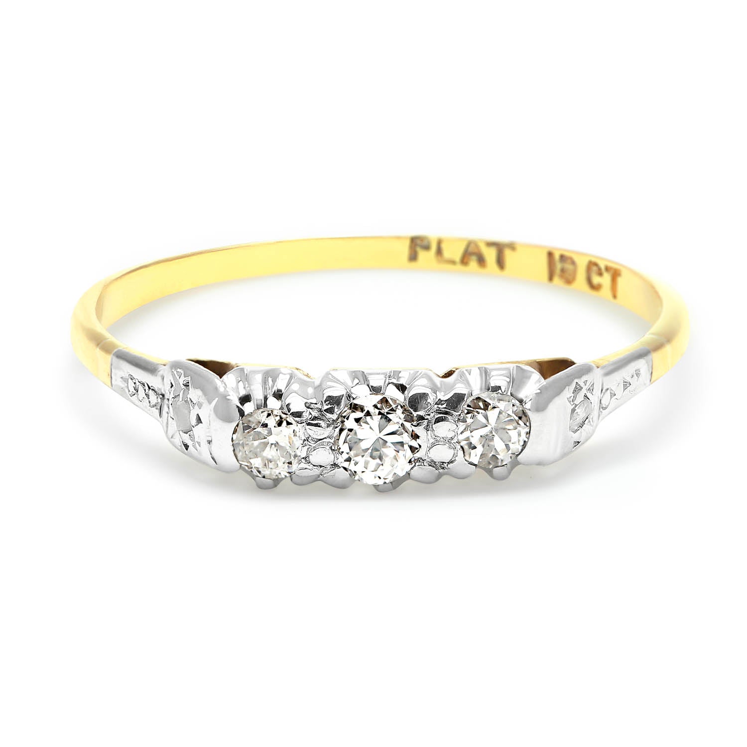 Dorothy mid-century three stone diamond engagement ring