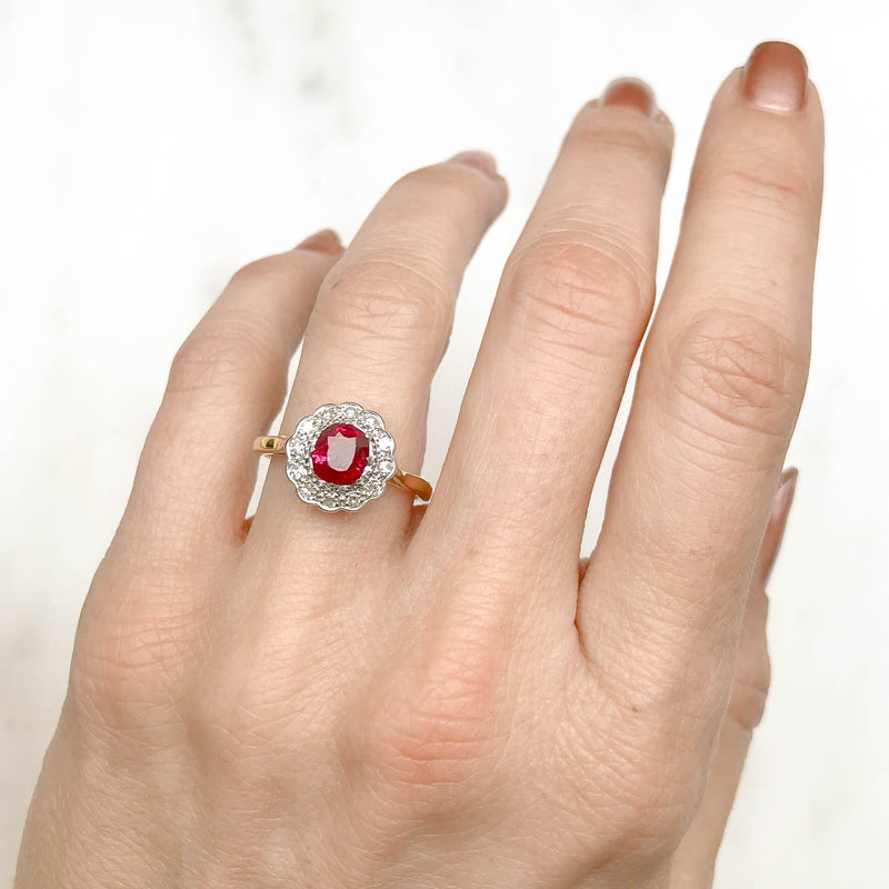 Betsy Antique Ruby and Diamond Cluster Engagement Ring