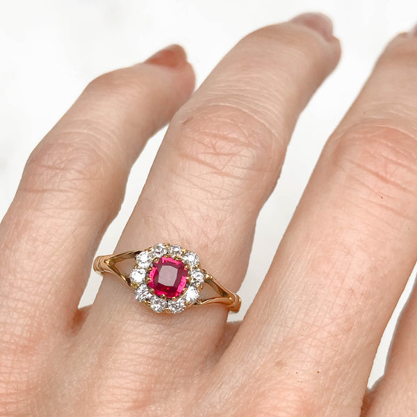 Esme Edwardian Ruby and Diamond Cluster Engagement Ring