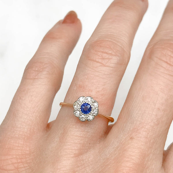 Frida Antique Sapphire and Diamond Daisy Engagement Ring